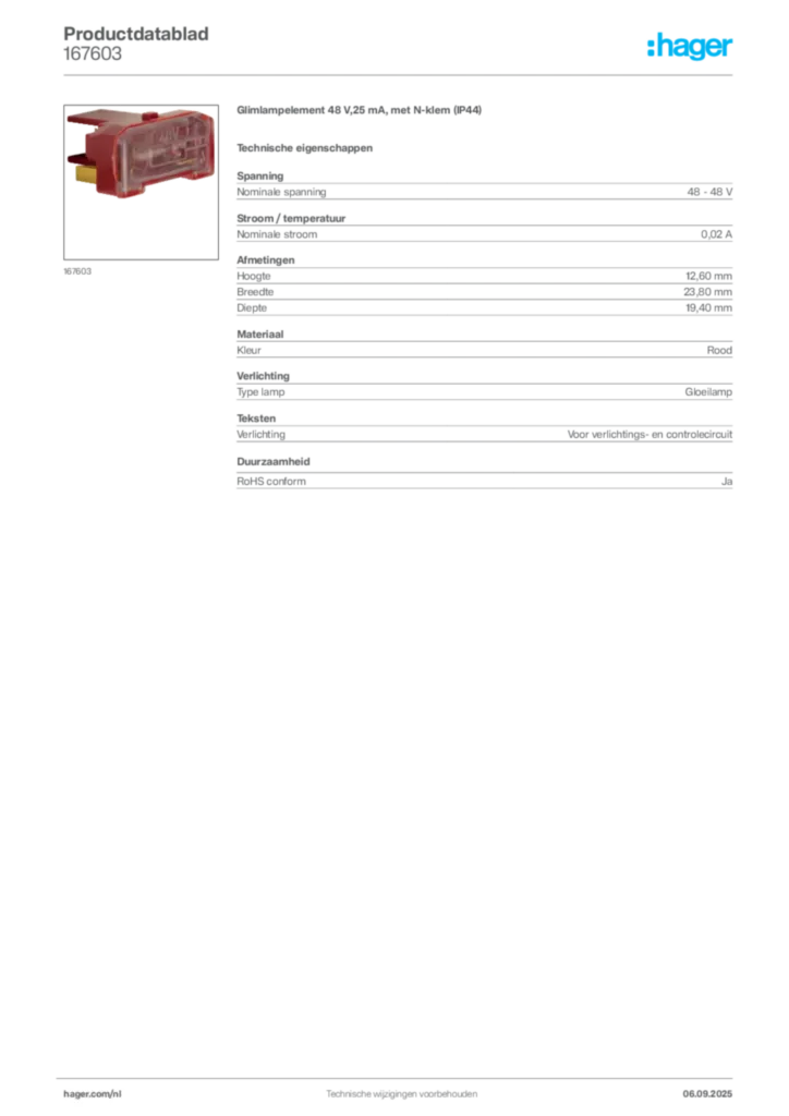 Afbeelding Hager Productdatablad 167603 | Hager Nederland