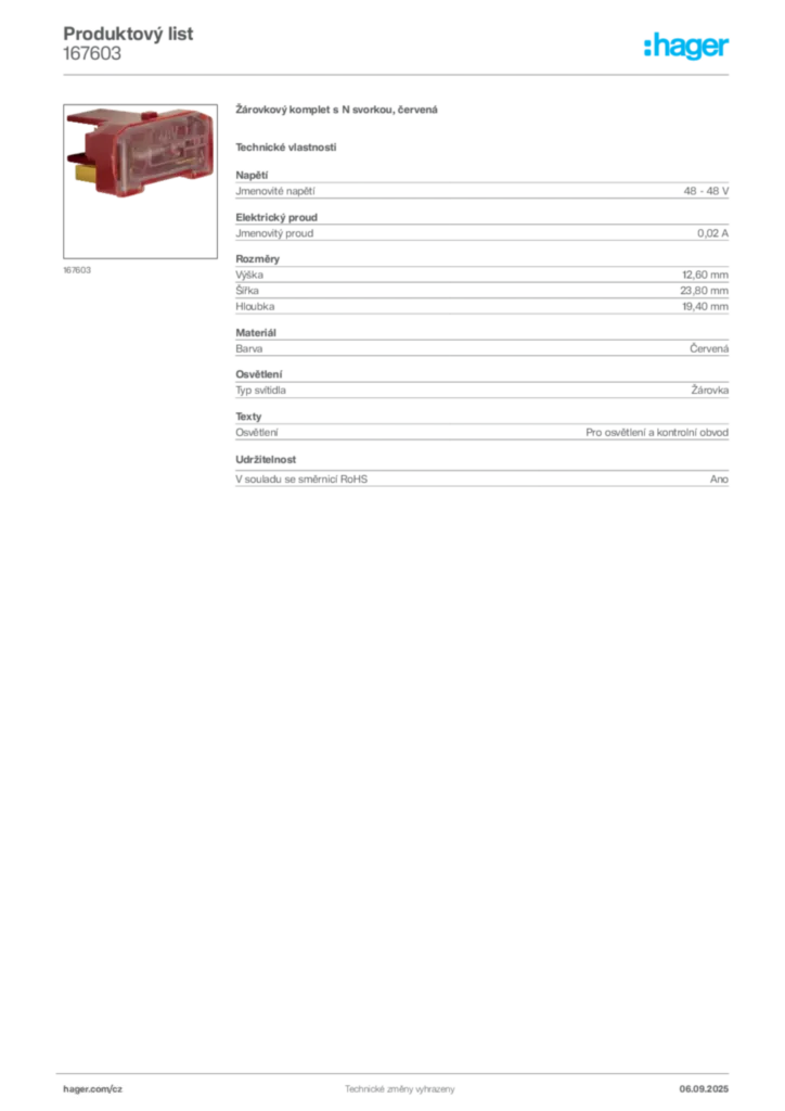 Obrázek Hager Produktový list 167603 | Hager
