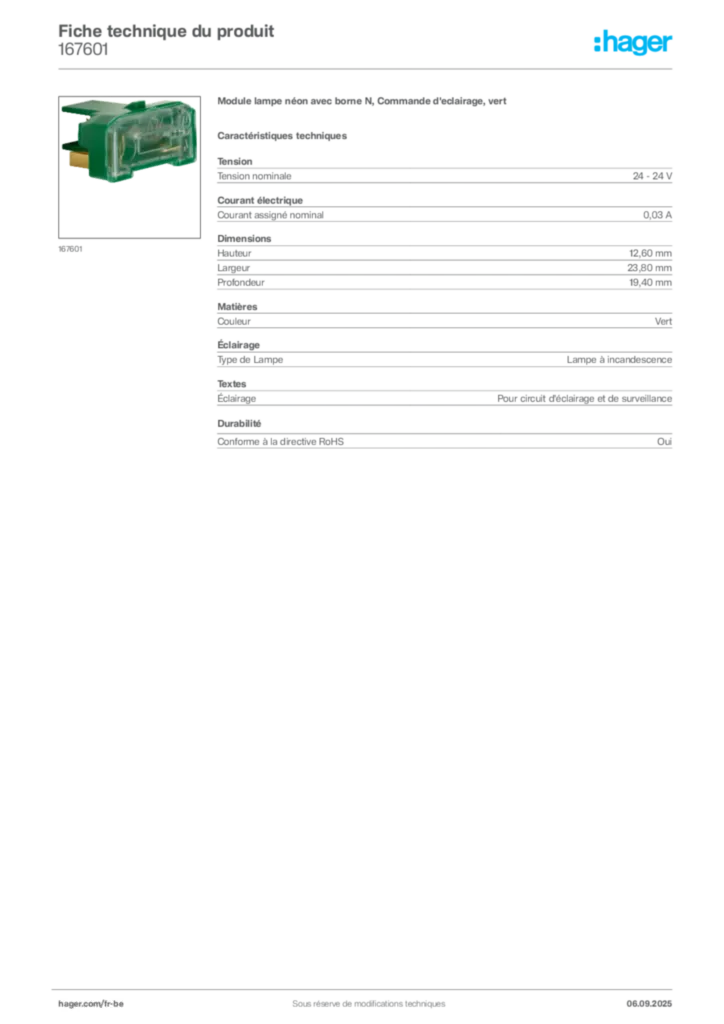 Image Hager Fiche technique du produit 167601 | Hager Belgique