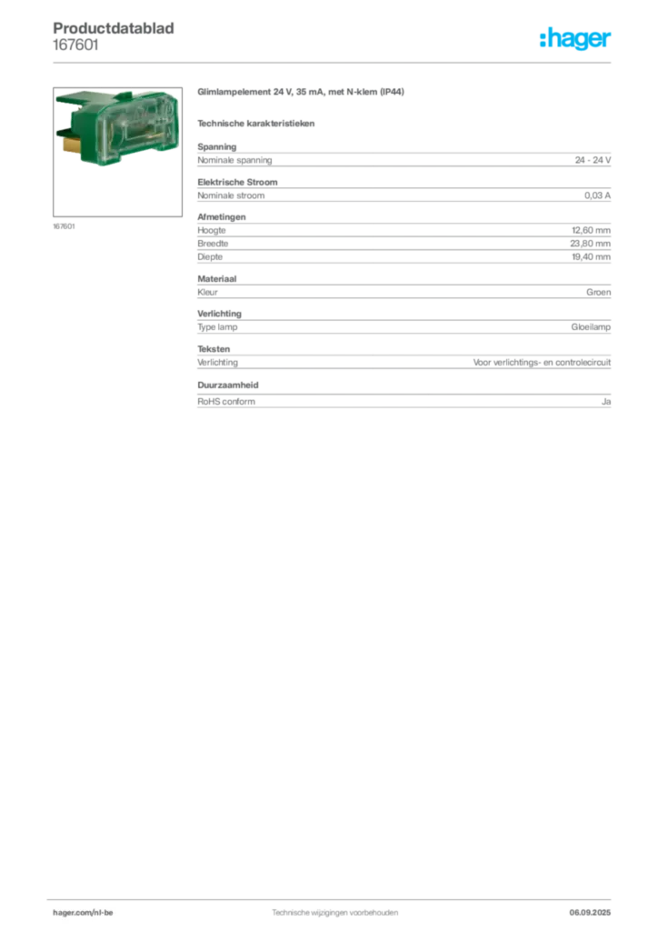 Afbeelding Hager Productdatablad 167601 | Hager Belgium