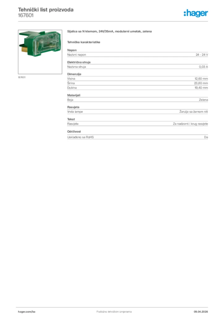 Slika Hager Tehnički list proizvoda 167601  | Hager