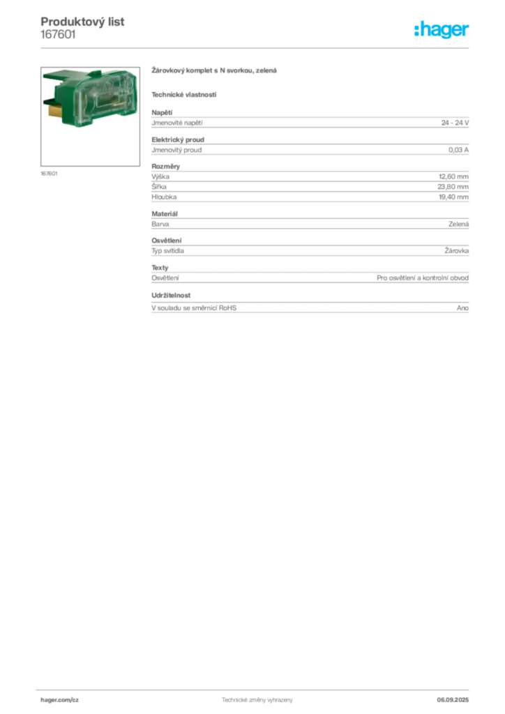 Obrázek Hager Produktový list 167601 | Hager