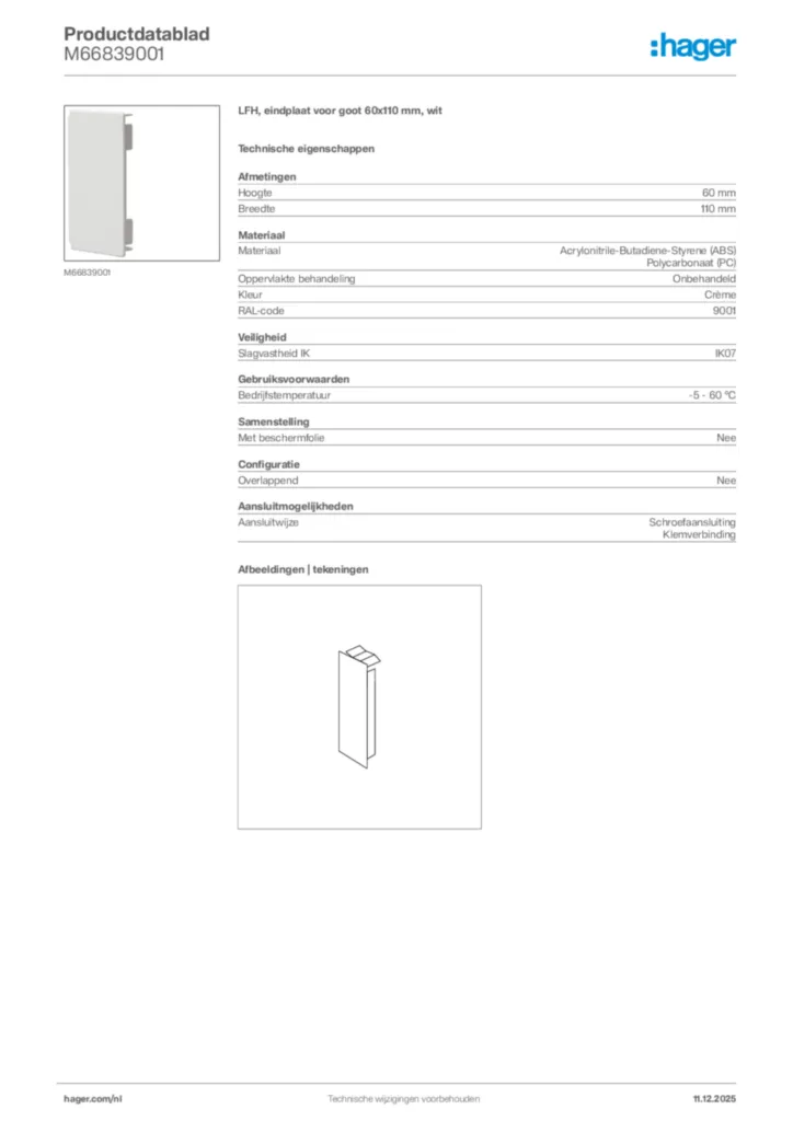 Afbeelding Hager Productdatablad M66839001 | Hager Nederland