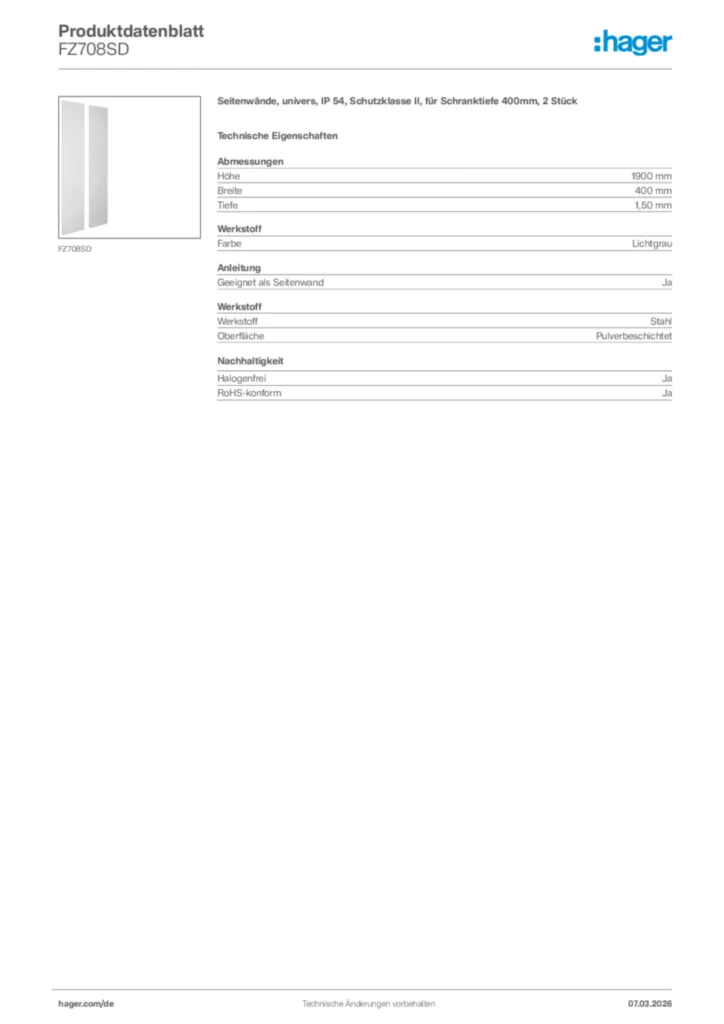 Bild Hager Produktdatenblatt FZ708SD | Hager Deutschland