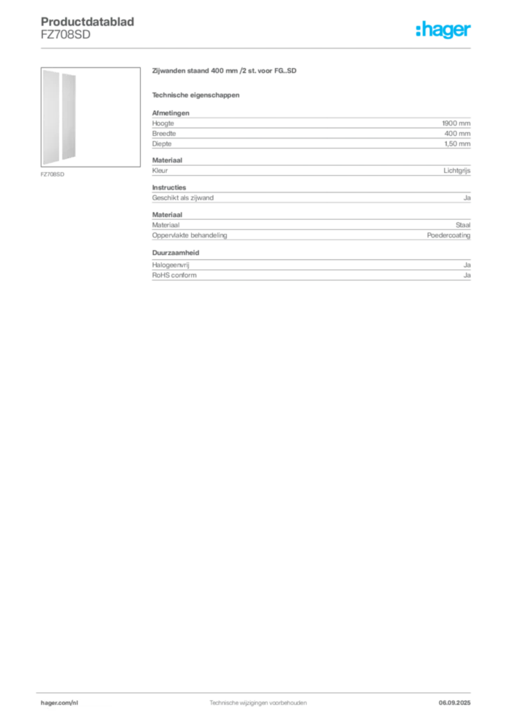 Afbeelding Hager Productdatablad FZ708SD | Hager Nederland