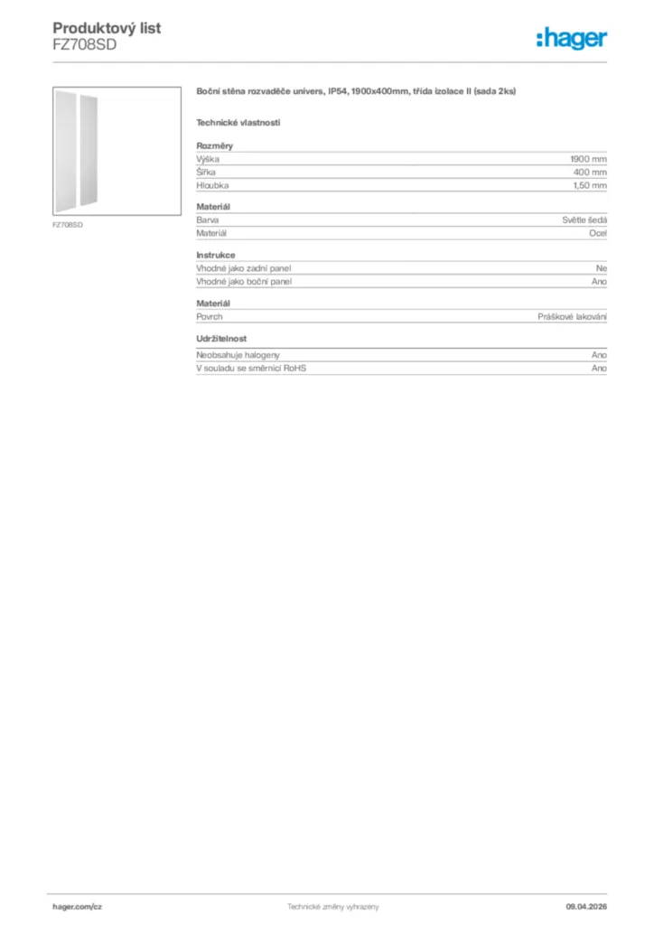 Obrázek Hager Product data sheet FZ708SD | Hager