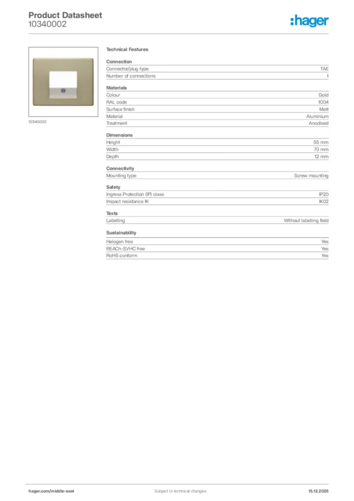 Image Hager Product data sheet 10340002  | Hager