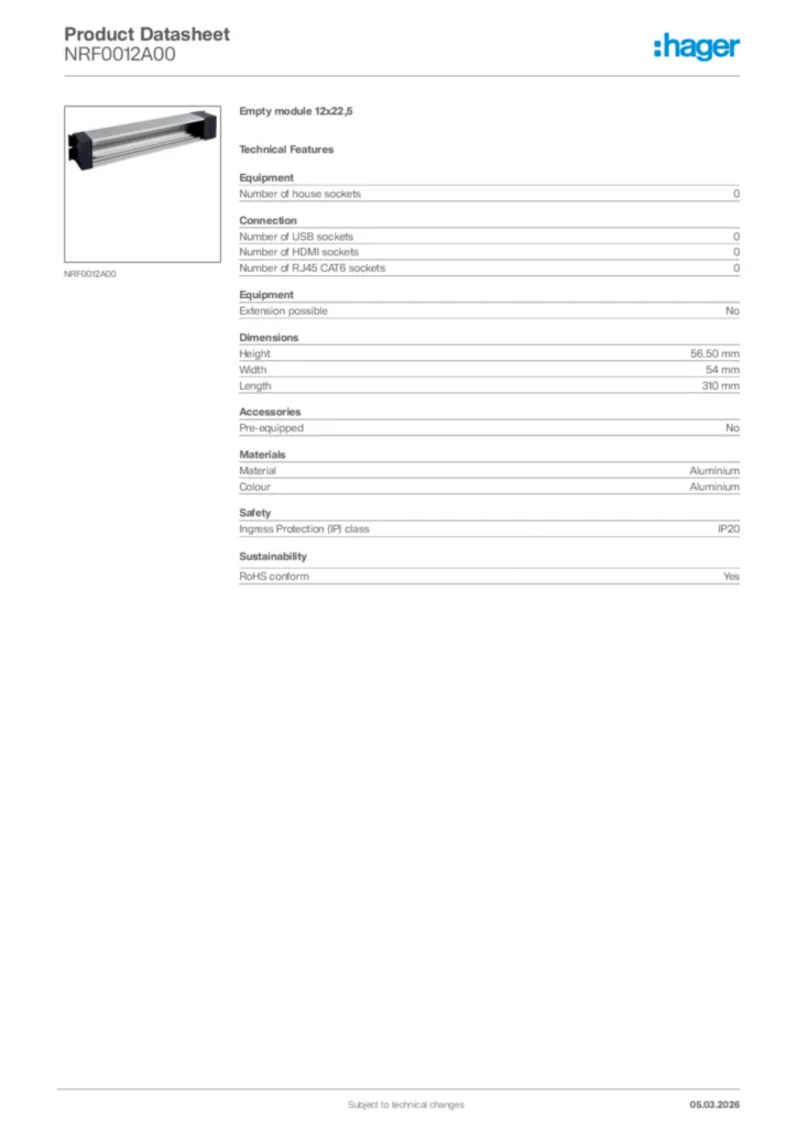 Image Hager Product data sheet NRF0012A00  | Hager Africa
