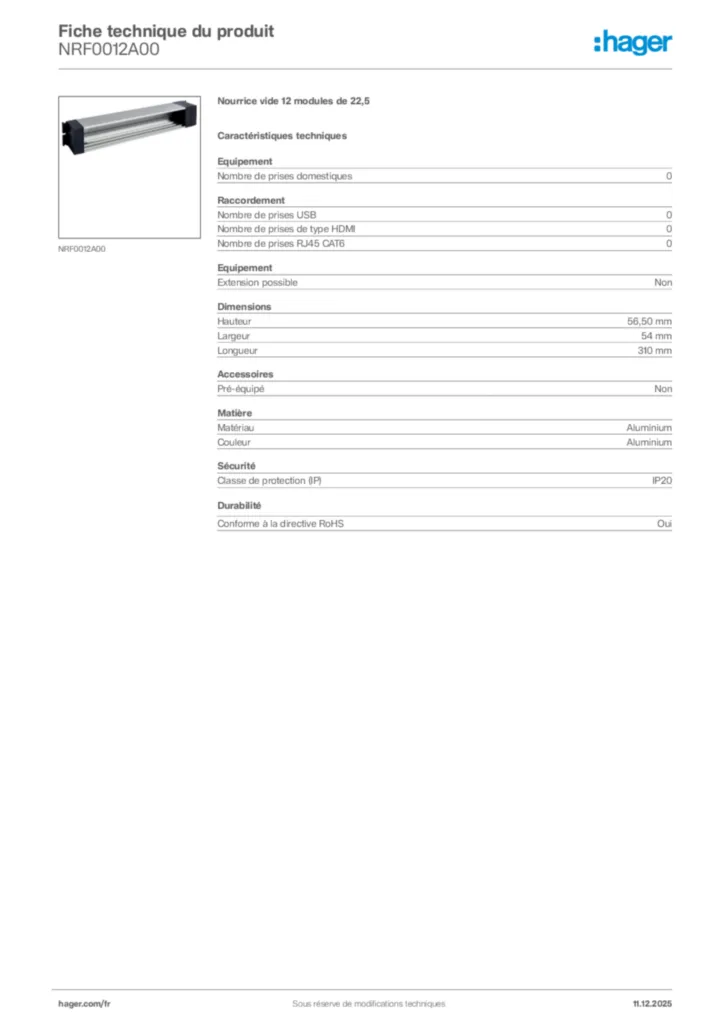 Image Hager Fiche technique du produit NRF0012A00 | Hager France