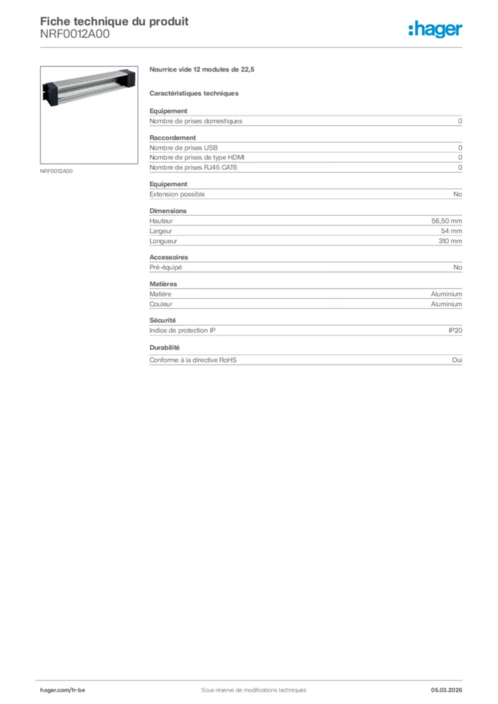 Image Hager Fiche technique du produit NRF0012A00 | Hager Belgique