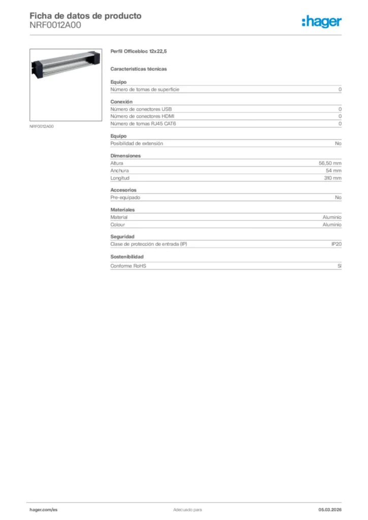Imagen Hager Ficha de datos de producto NRF0012A00 | Hager España