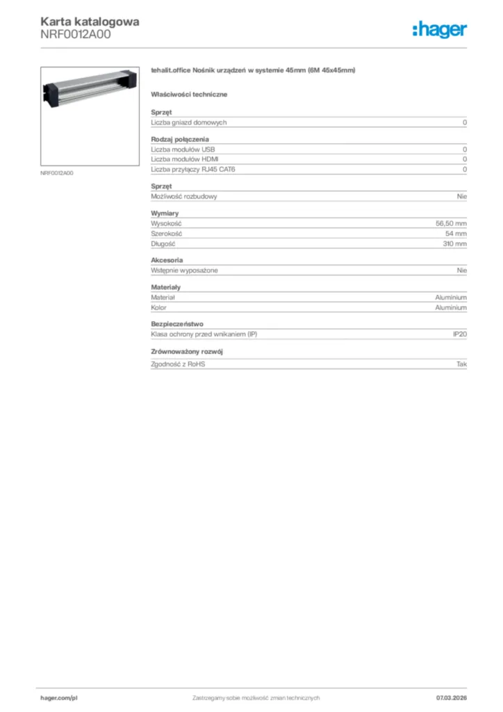 Zdjęcie Hager Karta katalogowa NRF0012A00 | Hager Polska