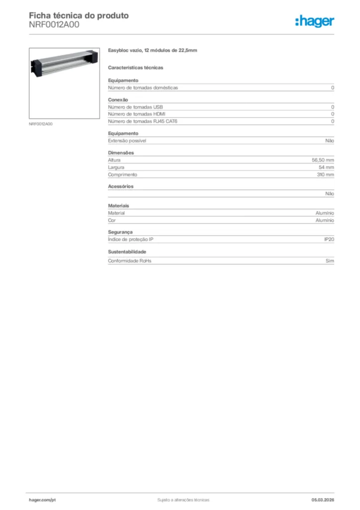 Imagem Hager Ficha técnica do produto NRF0012A00 | Hager Portugal