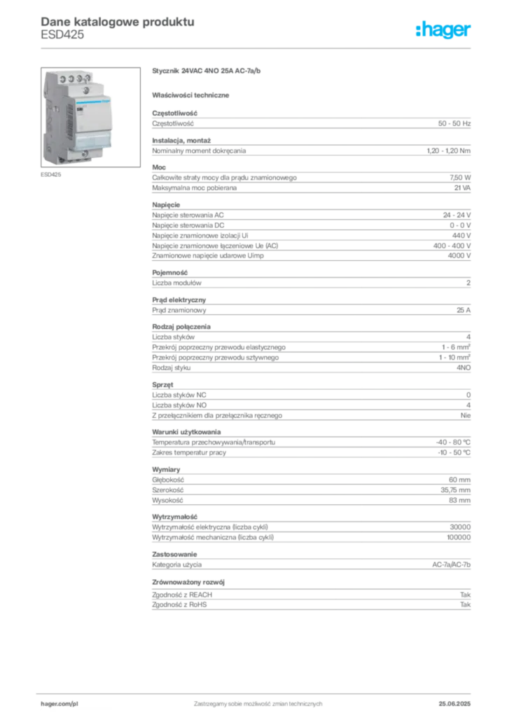 Zdjęcie Hager Dane katalogowe produktu ESD425 | Hager Polska