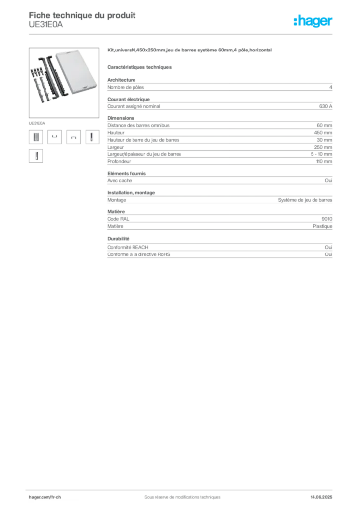 Image Hager Fiche technique du produit UE31E0A | Hager Suisse