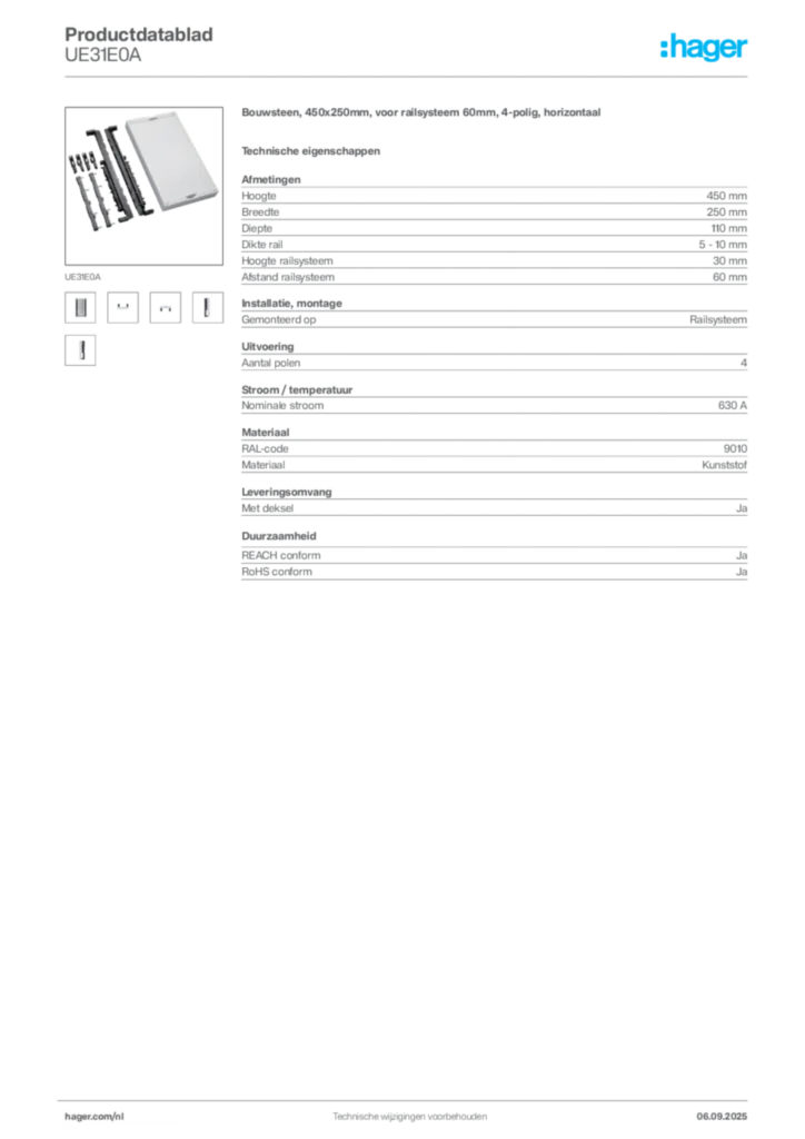 Afbeelding Hager Productdatablad UE31E0A | Hager Nederland