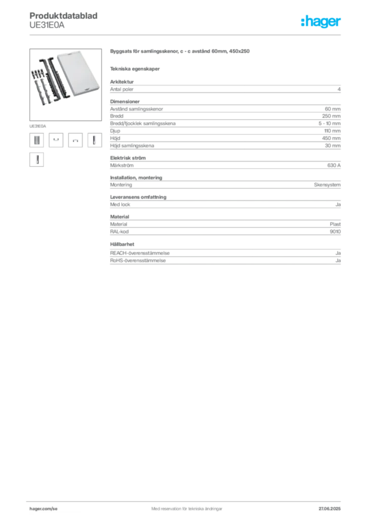 Bild Hager Produktdatablad UE31E0A | Hager Sverige
