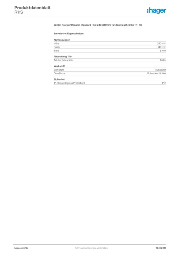Bild Hager Produktdatenblatt R11S | Hager Deutschland