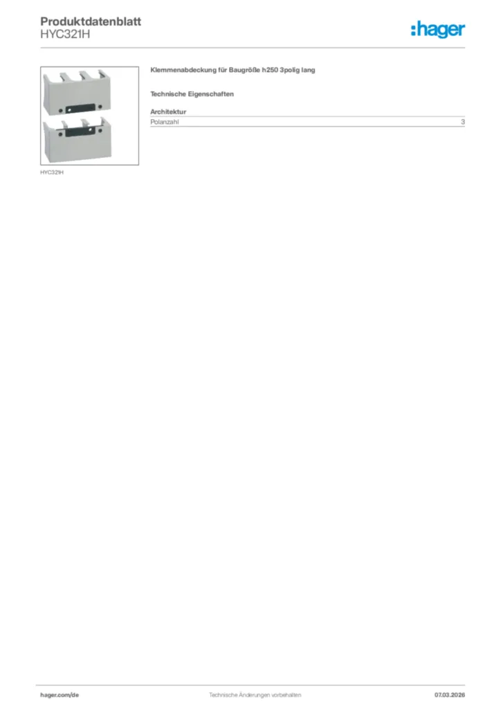 Bild Hager Produktdatenblatt HYC321H | Hager Deutschland