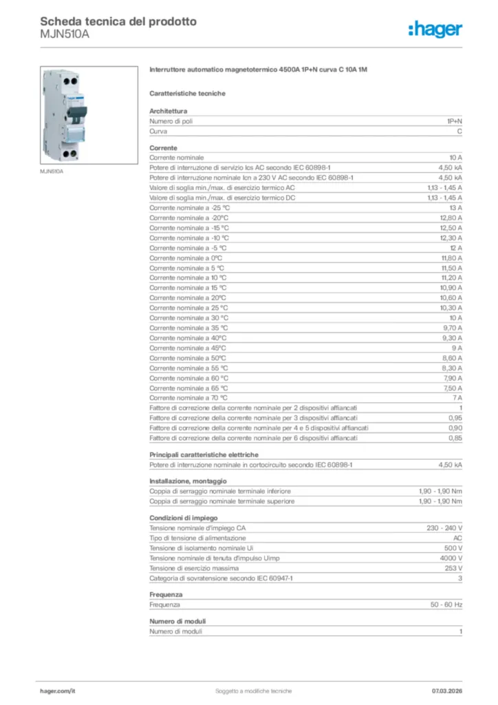 Immagine Hager Scheda tecnica del prodotto MJN510A | Hager Italia