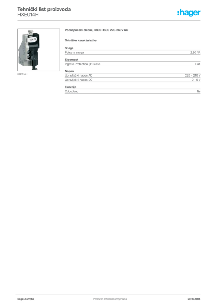 Slika Hager Product data sheet HXE014H  | Hager