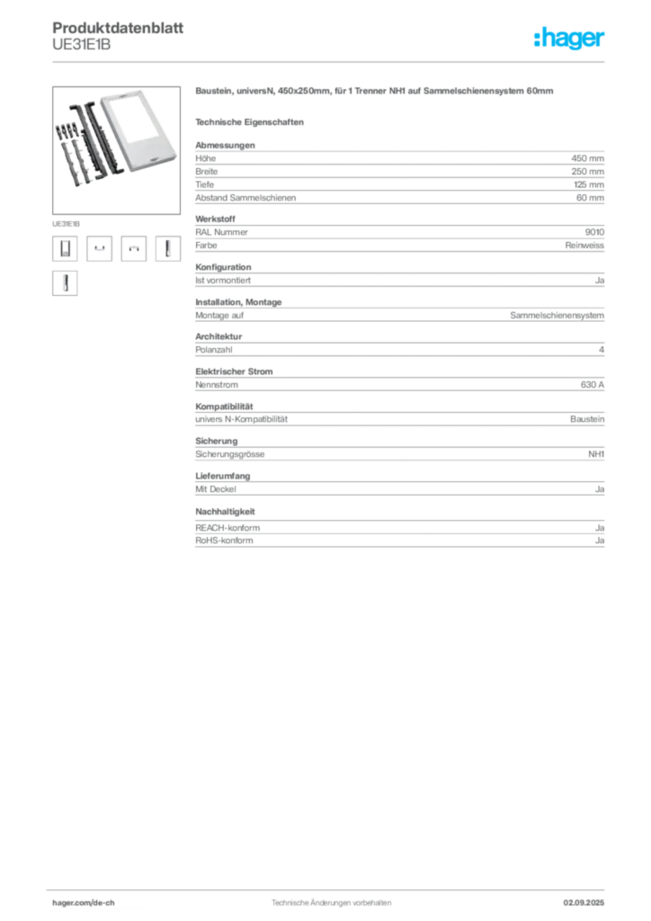 Bild Hager Produktdatenblatt UE31E1B | Hager Schweiz