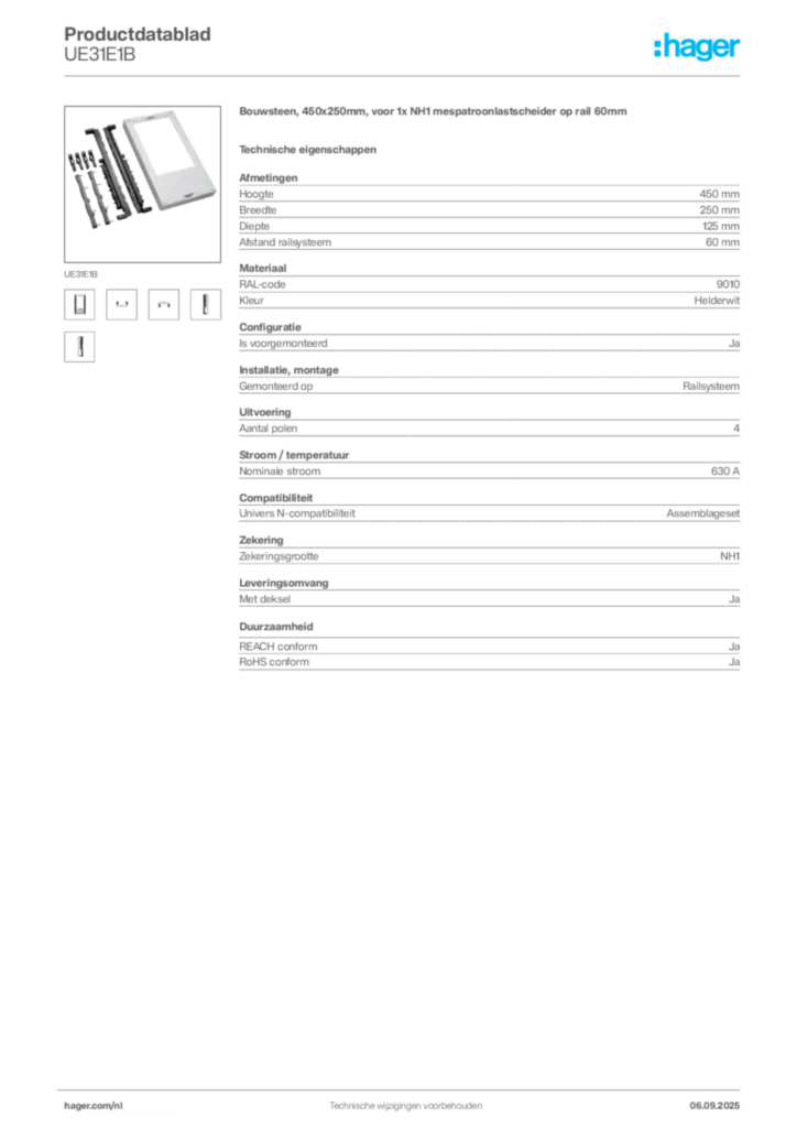 Afbeelding Hager Productdatablad UE31E1B | Hager Nederland