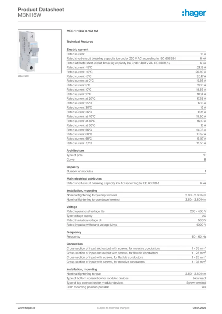 Image Hager Product data sheet MBN116W  | Hager