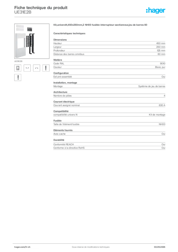 Image Hager Fiche technique du produit UE31E2B | Hager Suisse
