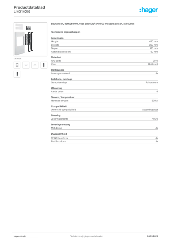 Afbeelding Hager Productdatablad UE31E2B | Hager Nederland
