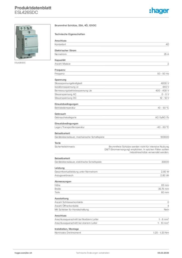 Bild Hager Produktdatenblatt ESL426SDC | Hager Schweiz