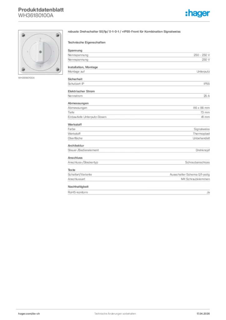 Bild Hager Produktdatenblatt WH36180100A | Hager Schweiz