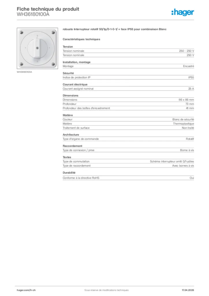 Image Hager Fiche technique du produit WH36180100A | Hager Suisse