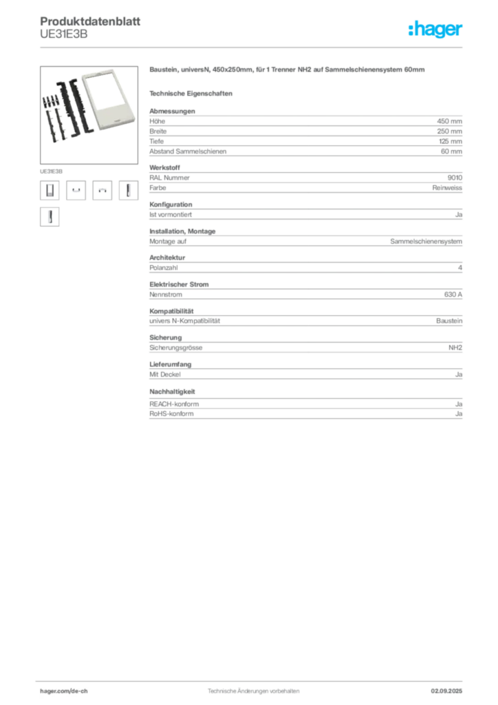 Bild Hager Produktdatenblatt UE31E3B | Hager Schweiz