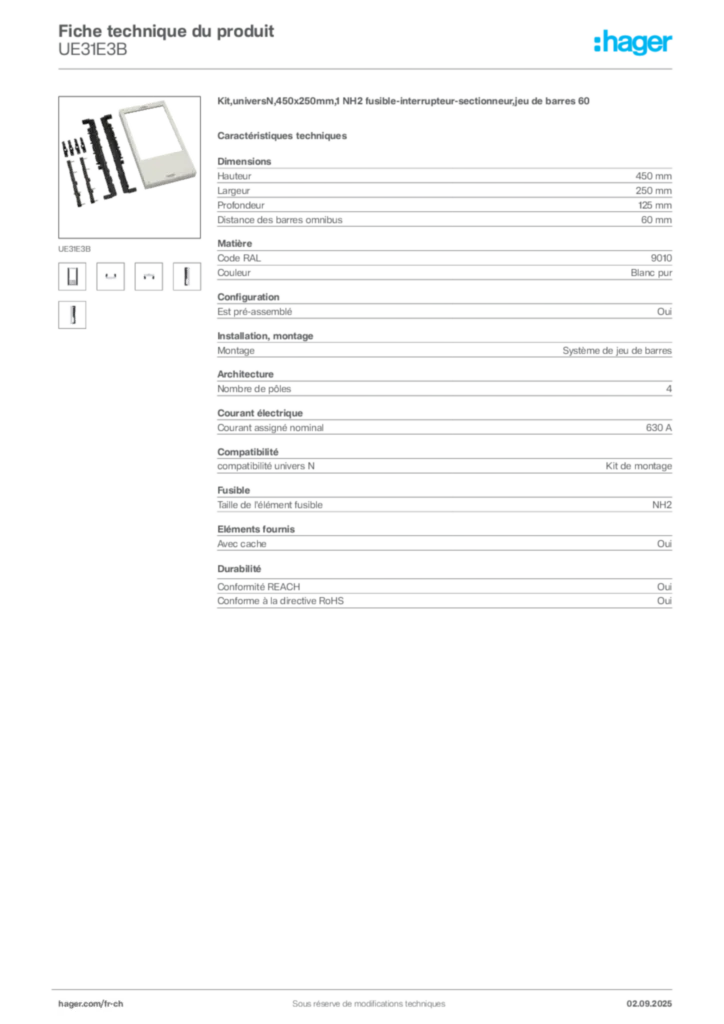 Image Hager Fiche technique du produit UE31E3B | Hager Suisse