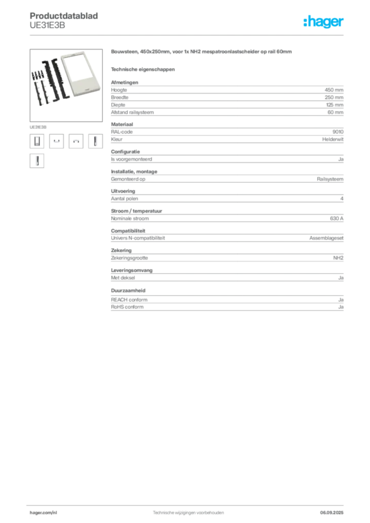Afbeelding Hager Productdatablad UE31E3B | Hager Nederland