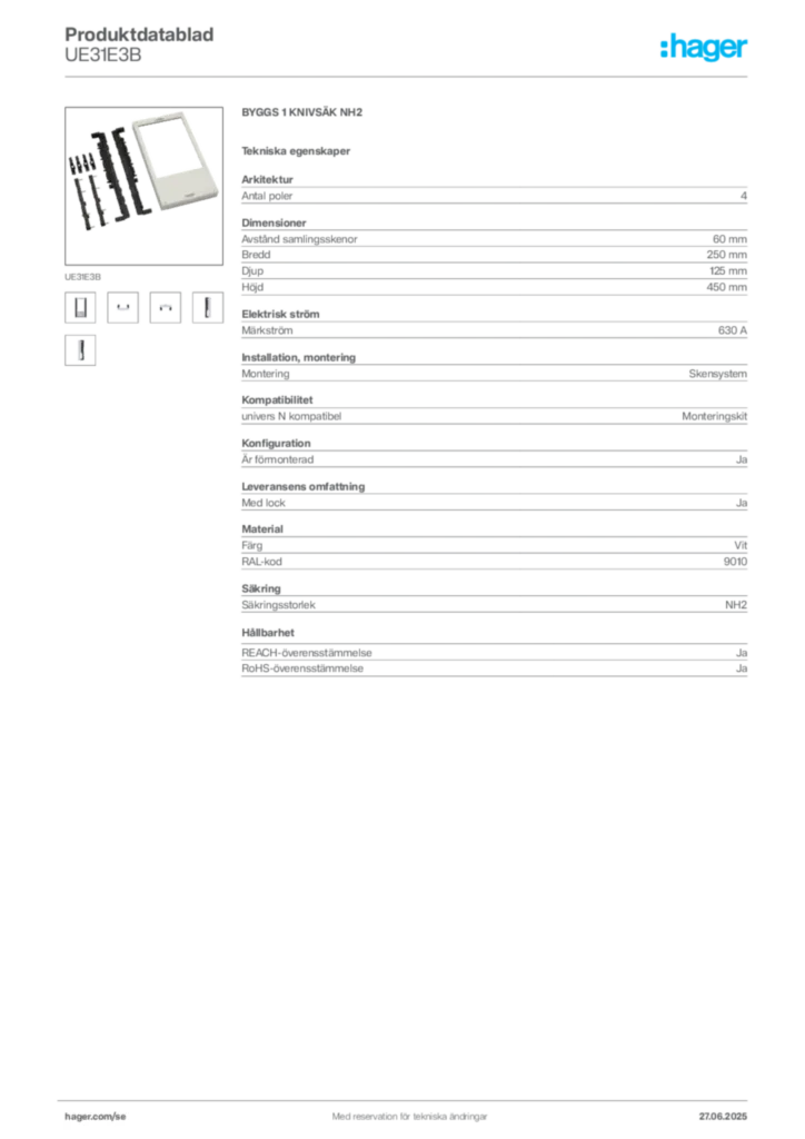 Bild Hager Produktdatablad UE31E3B | Hager Sverige