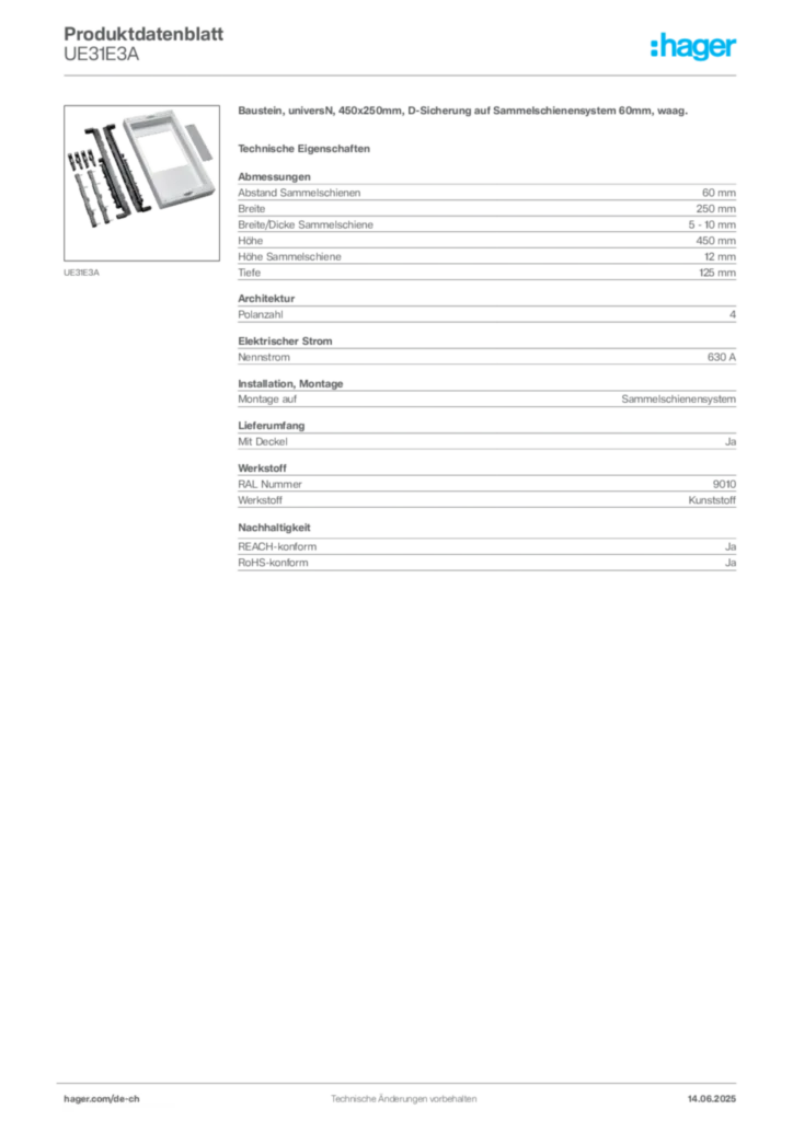 Bild Hager Produktdatenblatt UE31E3A | Hager Schweiz