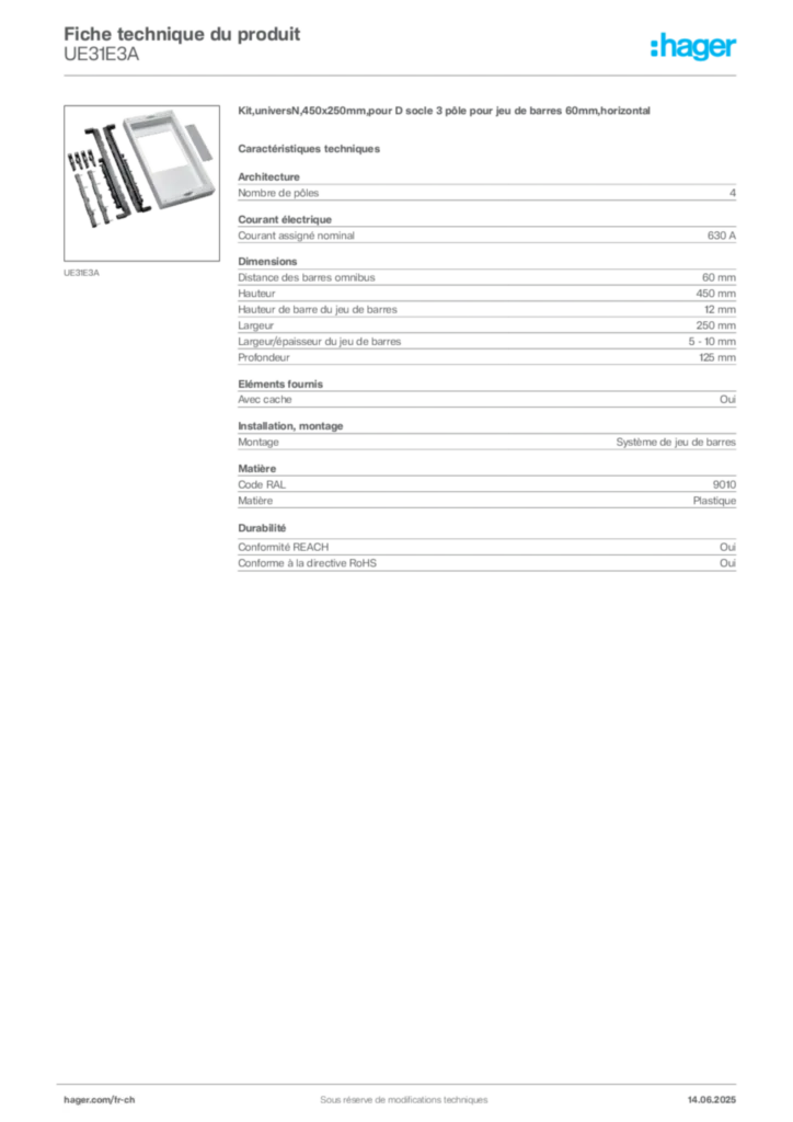 Image Hager Fiche technique du produit UE31E3A | Hager Suisse