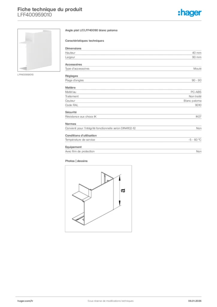 Image Hager Fiche technique du produit LFF400959010 | Hager France