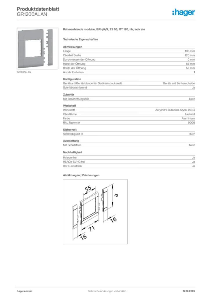 Bild Hager Produktdatenblatt GR1200ALAN | Hager Deutschland
