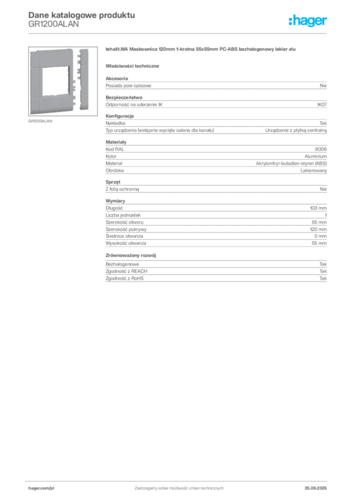 Zdjęcie Hager Dane katalogowe produktu GR1200ALAN | Hager Polska