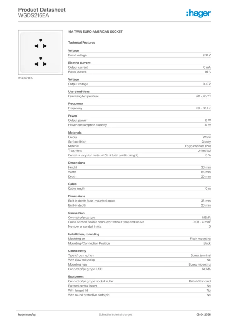 Image Hager Product data sheet WGDS216EA  | Hager