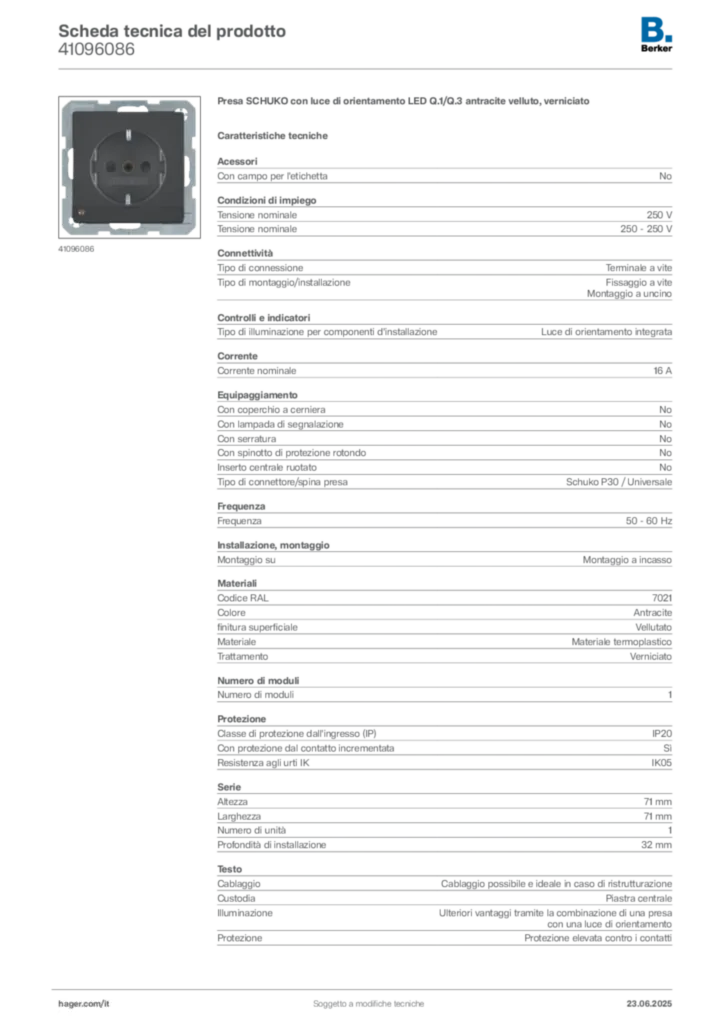 Immagine Berker Scheda tecnica del prodotto 41096086 | Hager Italia
