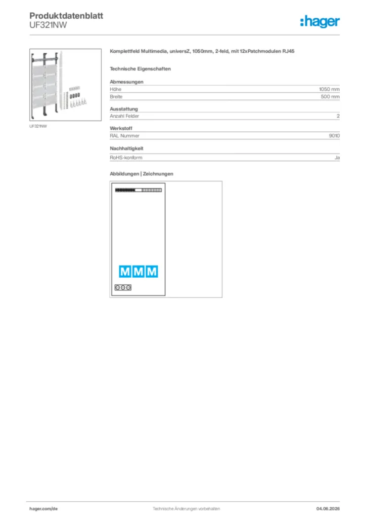 Bild Hager Produktdatenblatt UF321NW | Hager Deutschland