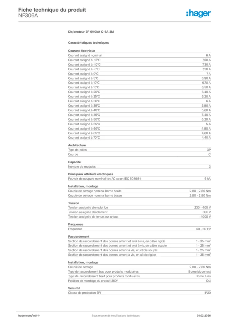 Image Hager Fiche technique du produit NF306A | Hager Afrique