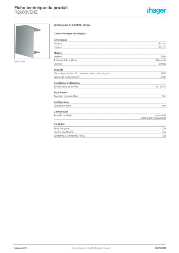 Image Hager Fiche technique du produit R2603VERZ | Hager France
