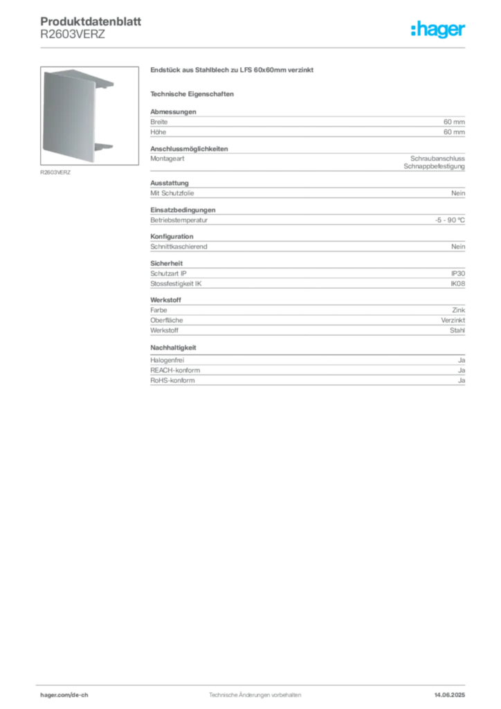 Bild Hager Produktdatenblatt R2603VERZ | Hager Schweiz