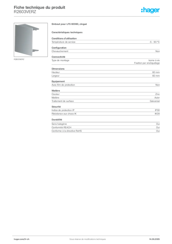 Image Hager Fiche technique du produit R2603VERZ | Hager Suisse