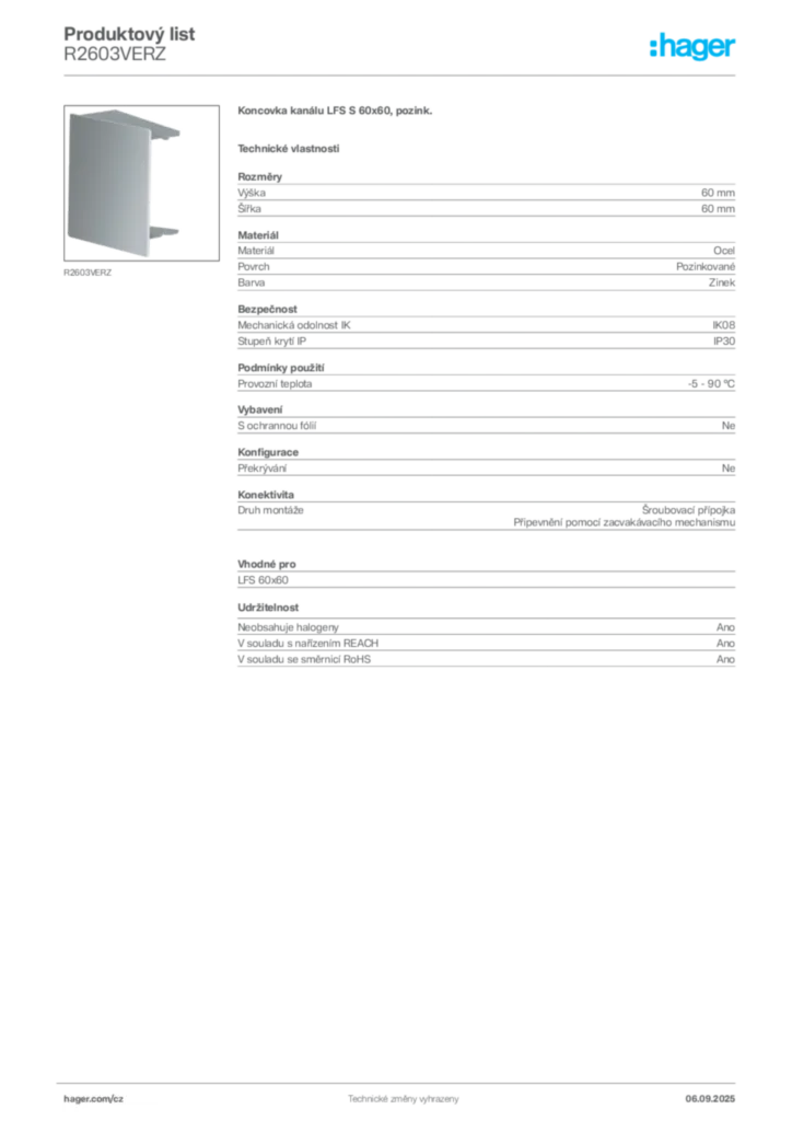 Obrázek Hager Produktový list R2603VERZ | Hager